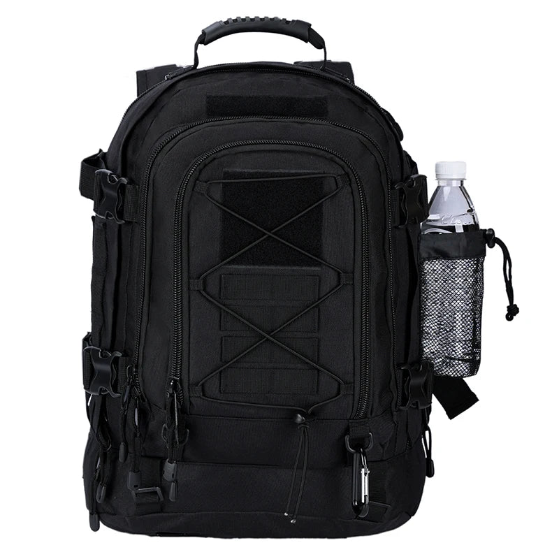 LQARMY 65L outdoor tactical backpack with multiple compartments, rugged military design, and adjustable straps for hiking and camping.