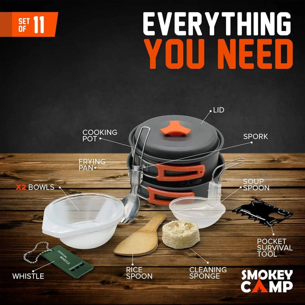 Your Outdoors n' More camping cookware mess kit set with stove, including pots, pans, utensils, and compact stove for outdoor cooking.