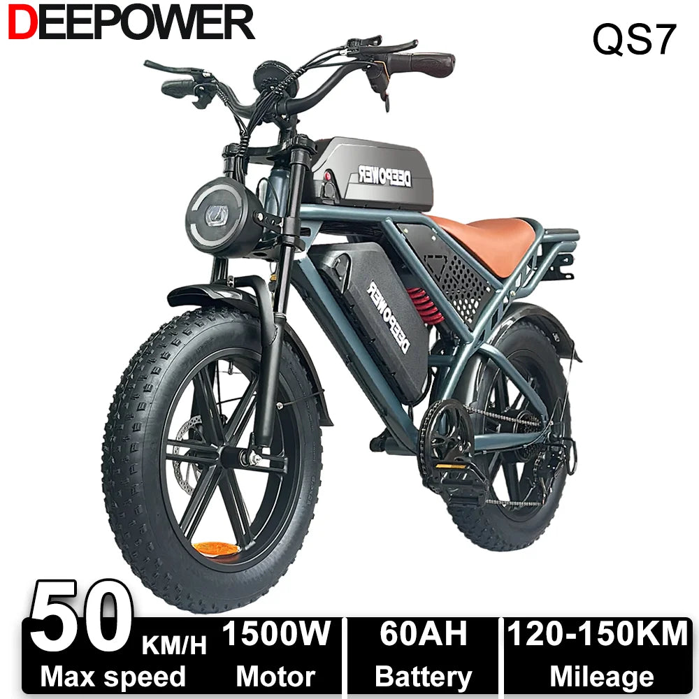 DEEPOWER QS7 electric bike with 20-inch fat tires, dual batteries, off-road design, 1500W motor, 48V 60AH for adults
