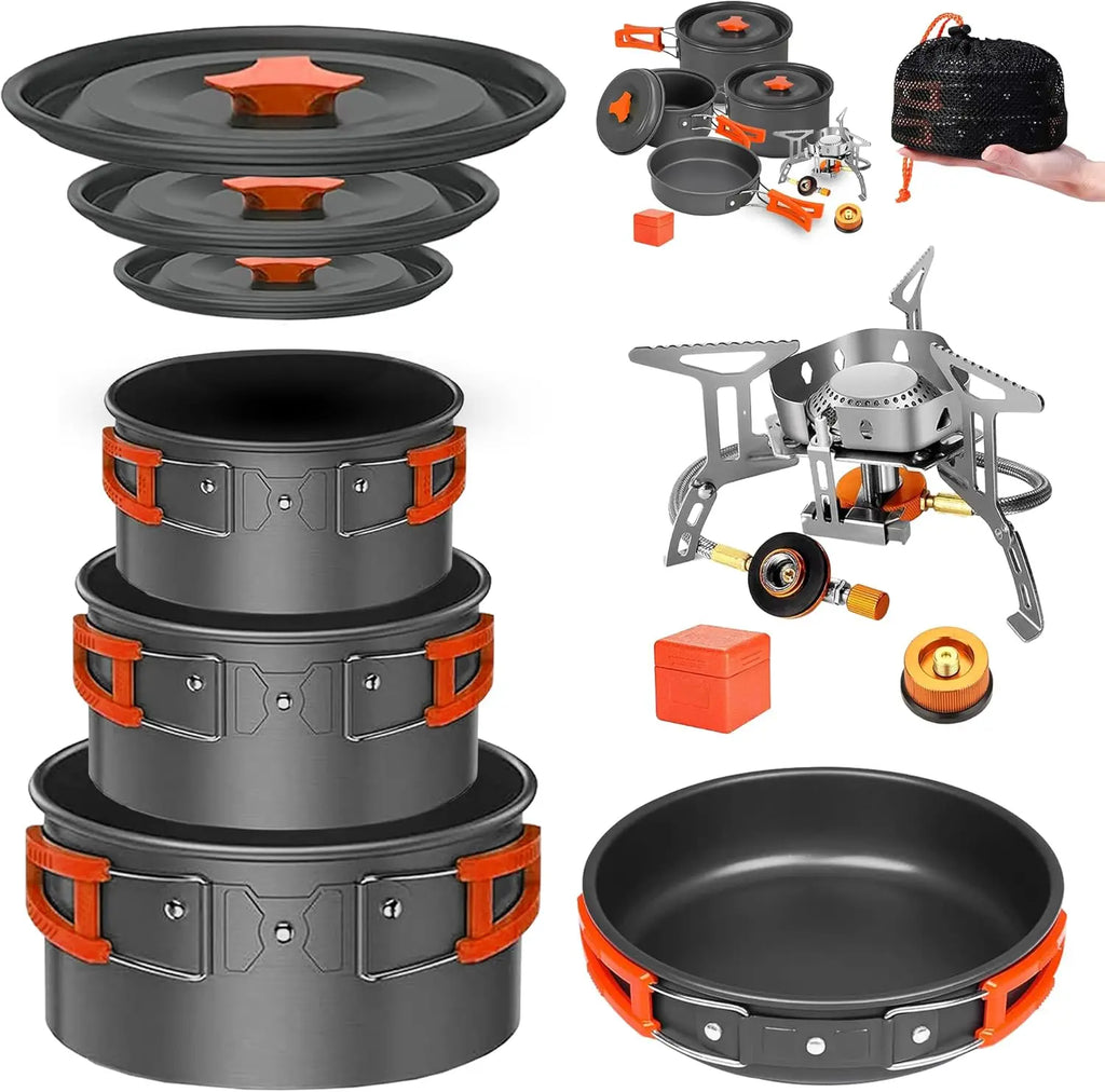 Your Outdoors n' More camping cookware mess kit set with stove, including pots, pans, utensils, and portable stove for outdoor cooking.