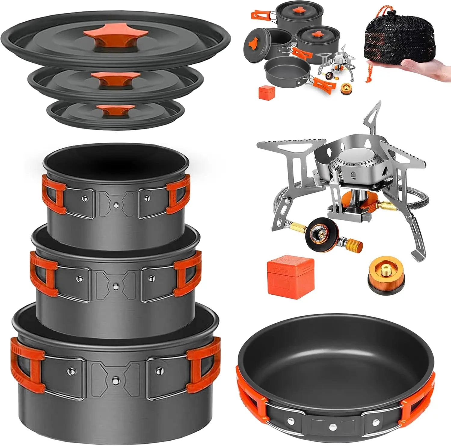 Your Outdoors n' More camping cookware mess kit set with stove, including pots, pans, utensils, and portable stove for outdoor cooking.