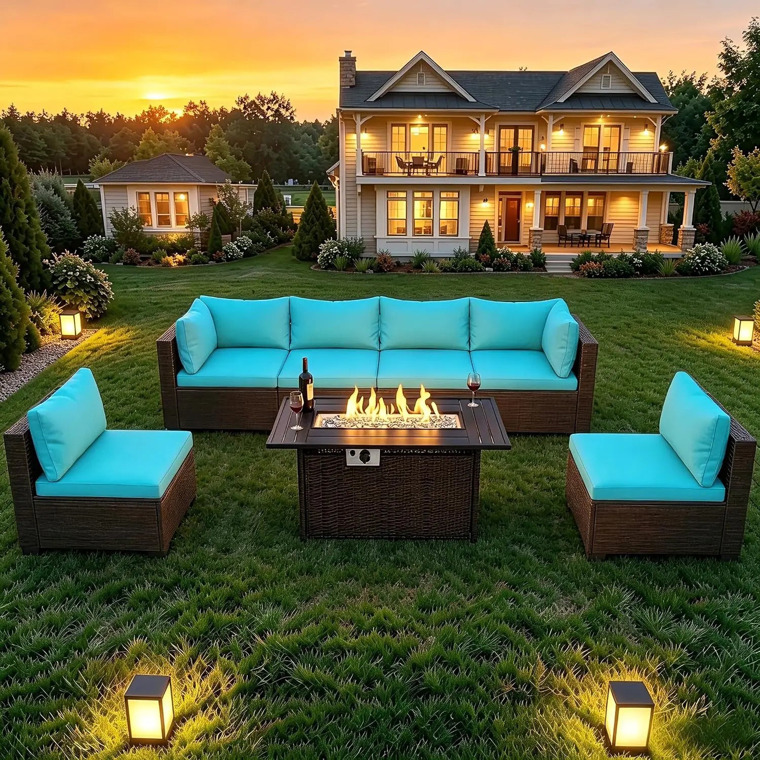 8-Piece Wicker Patio Conversation Set with 44" Propane Fire Pit Table.
