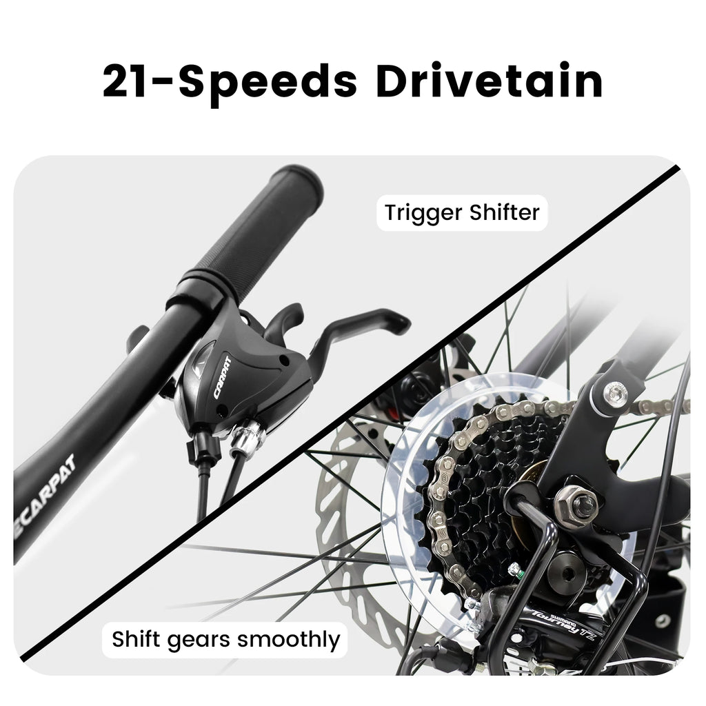 Ecarpat dual full suspension mountain bike with 24-27.5 inch wheels, 21-speed gears, disc brakes, suitable for men, women, teens, and kids