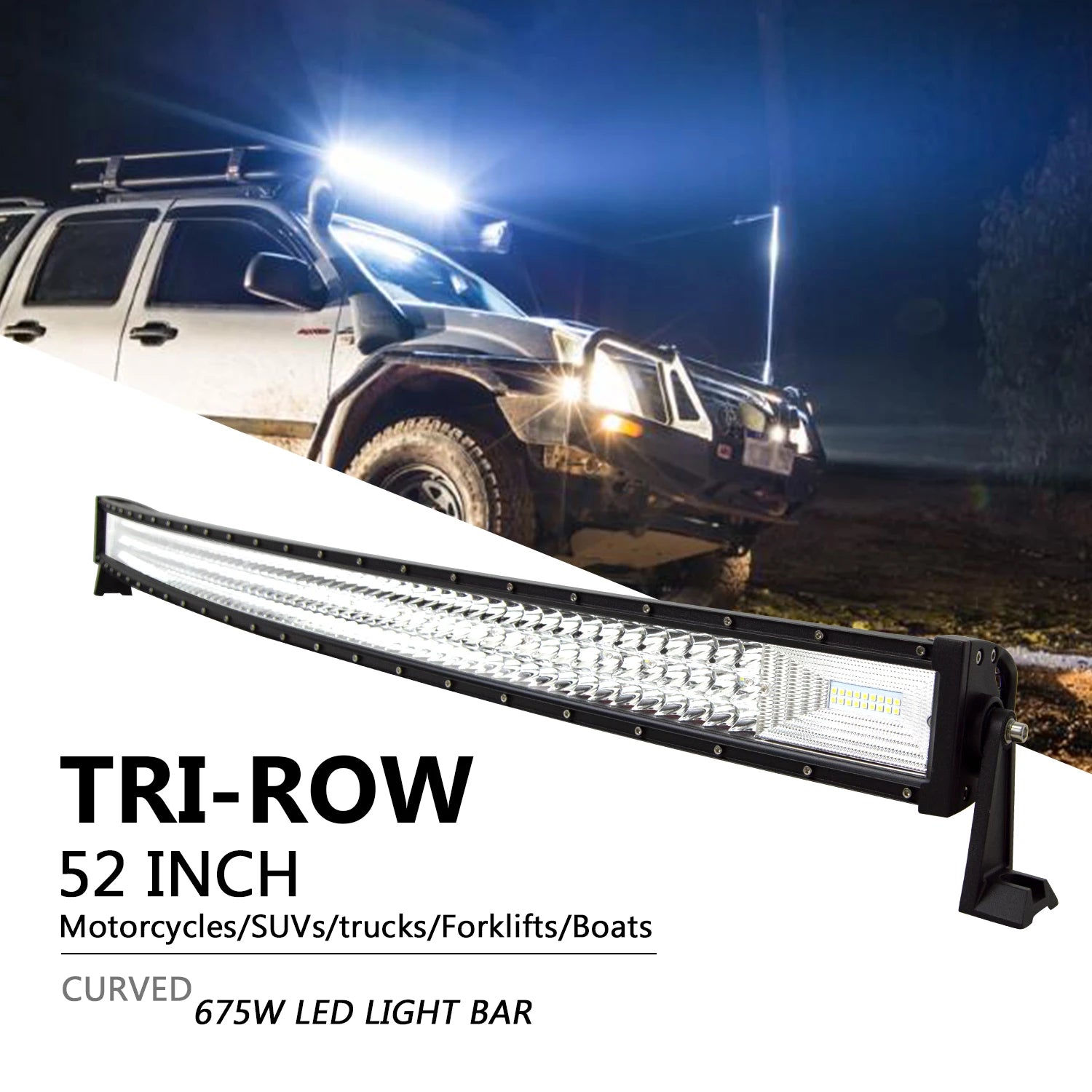 LED light bar in various lengths with curved or straight designs, 675W and 540W options, ideal for outdoor vehicles.