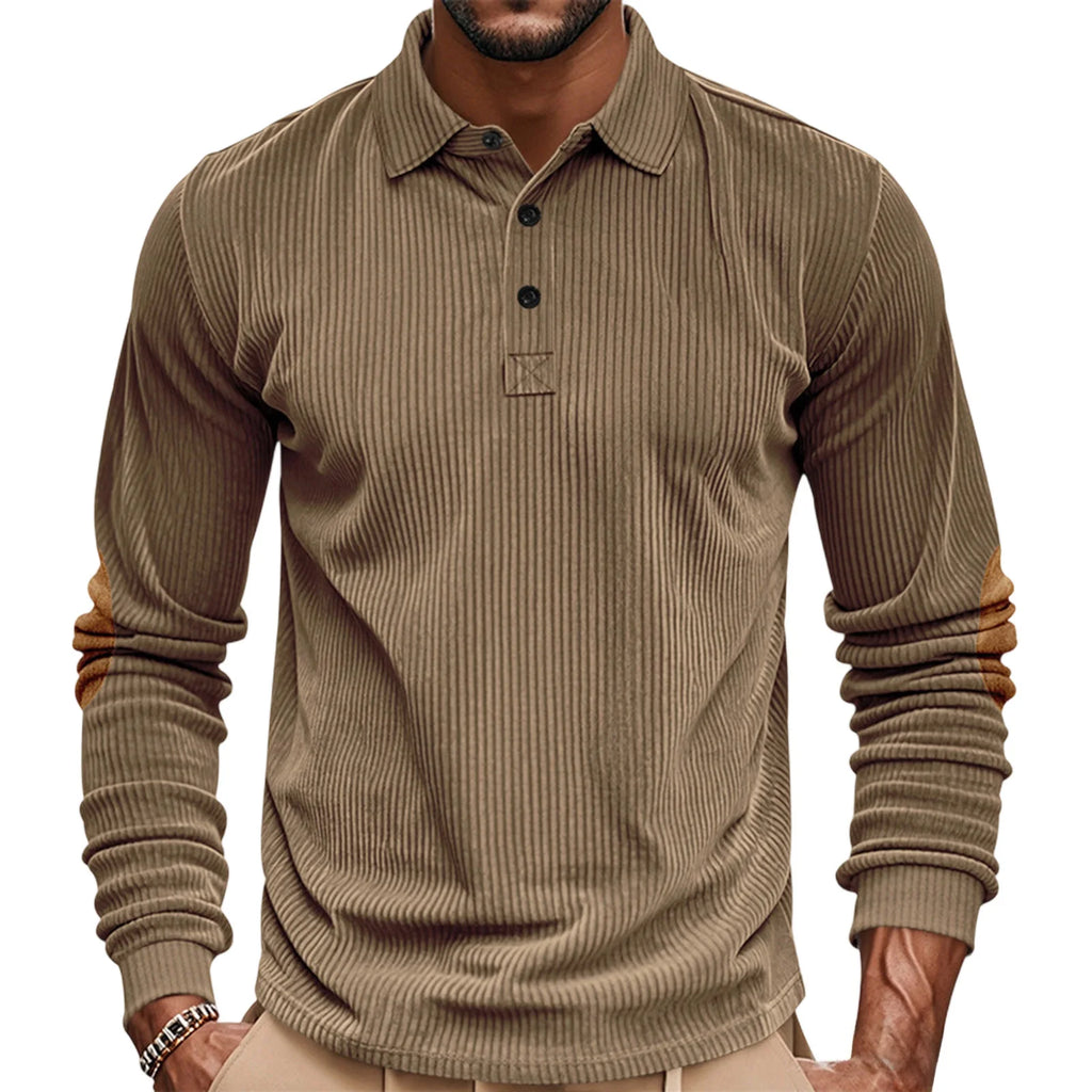 Men's casual long sleeve patchwork T-shirt with turn-down collar by Your Outdoors n' More, shown in a relaxed, stylish fit.