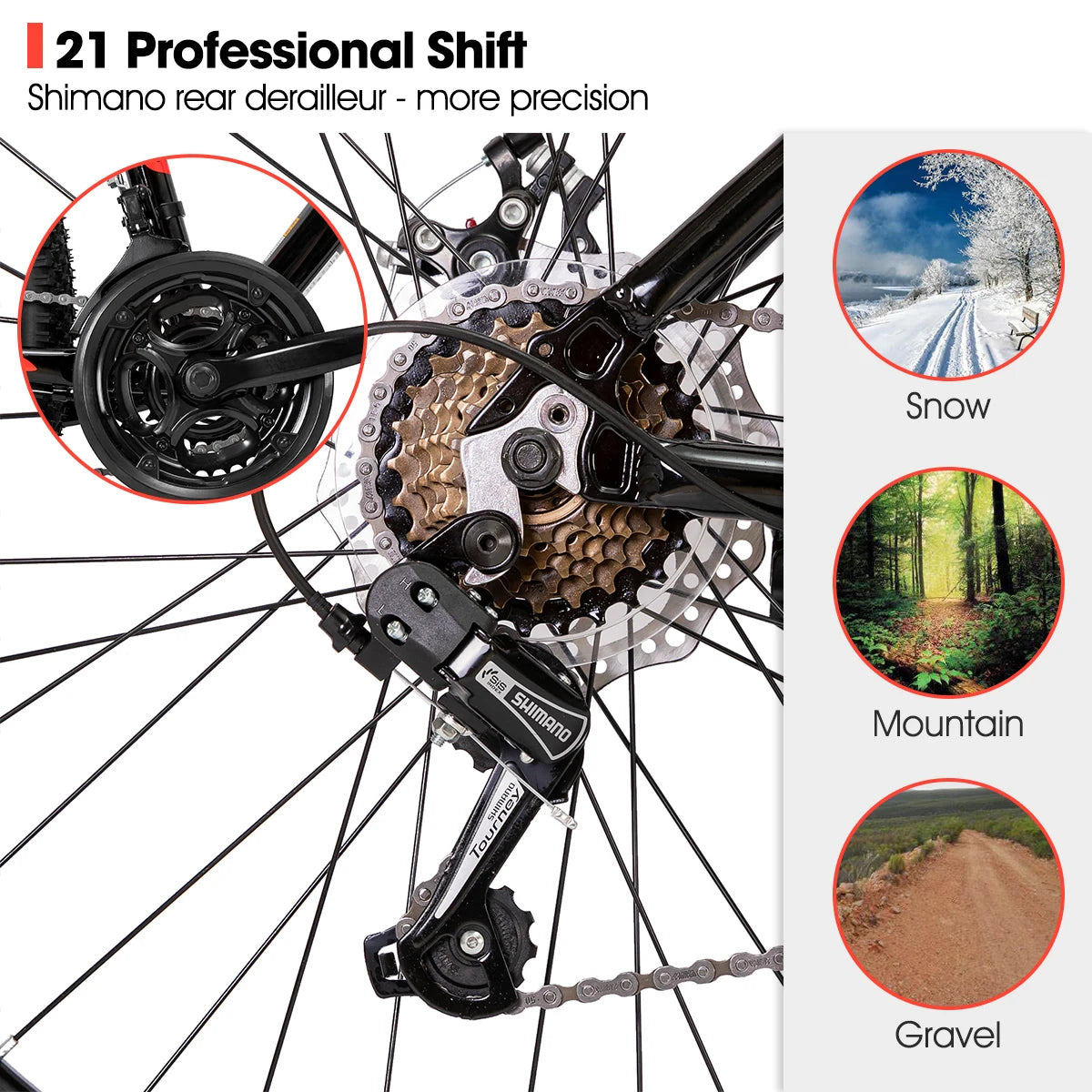 Mountain bike with Shimano 21-speed drivetrain, black frame, front suspension, and knobby tires, ideal for trail riding.