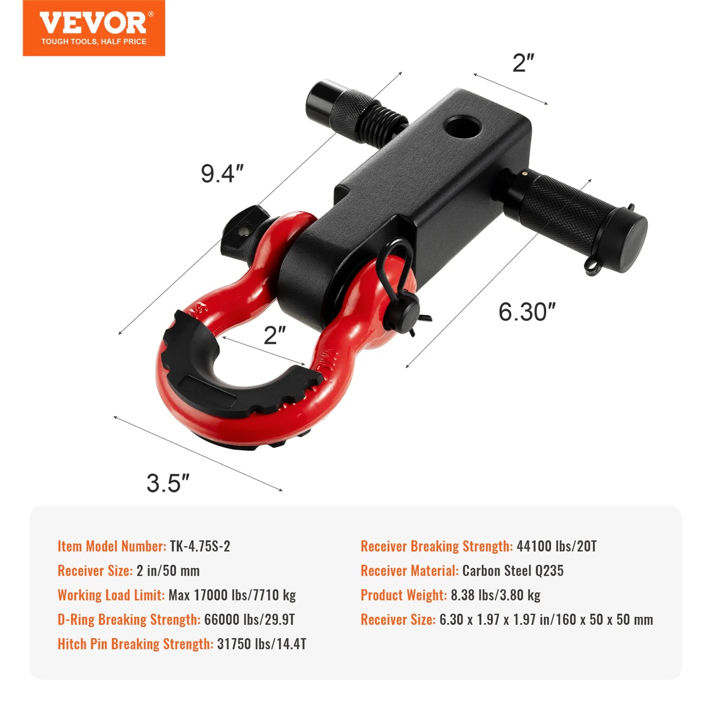 VEVOR 2" Shackle Hitch Receiver D-Ring
