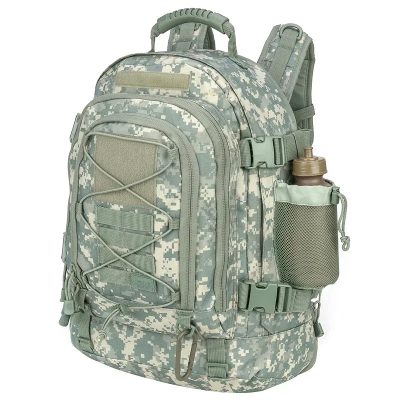 Military tactical backpack in 60L capacity with multiple compartments, durable fabric, and adjustable straps for outdoor adventures.