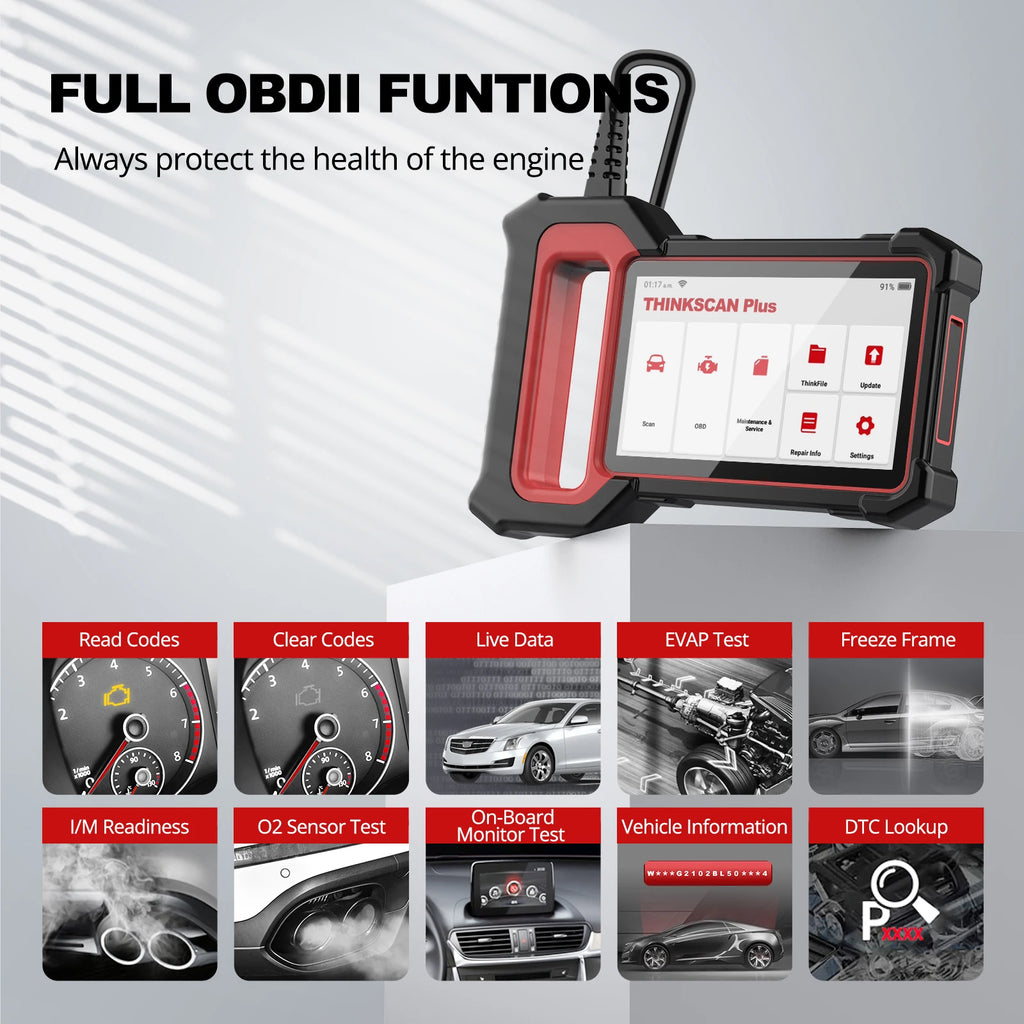 Thinkscan Plus S5 OBD2 scanner from THINKCAR, showing its handheld device with screen and diagnostic ports for vehicle scanning.