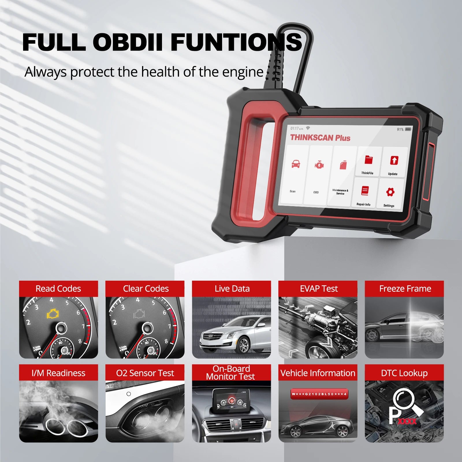 Thinkscan Plus S5 OBD2 scanner from THINKCAR, showing its handheld device with screen and diagnostic ports for vehicle scanning.
