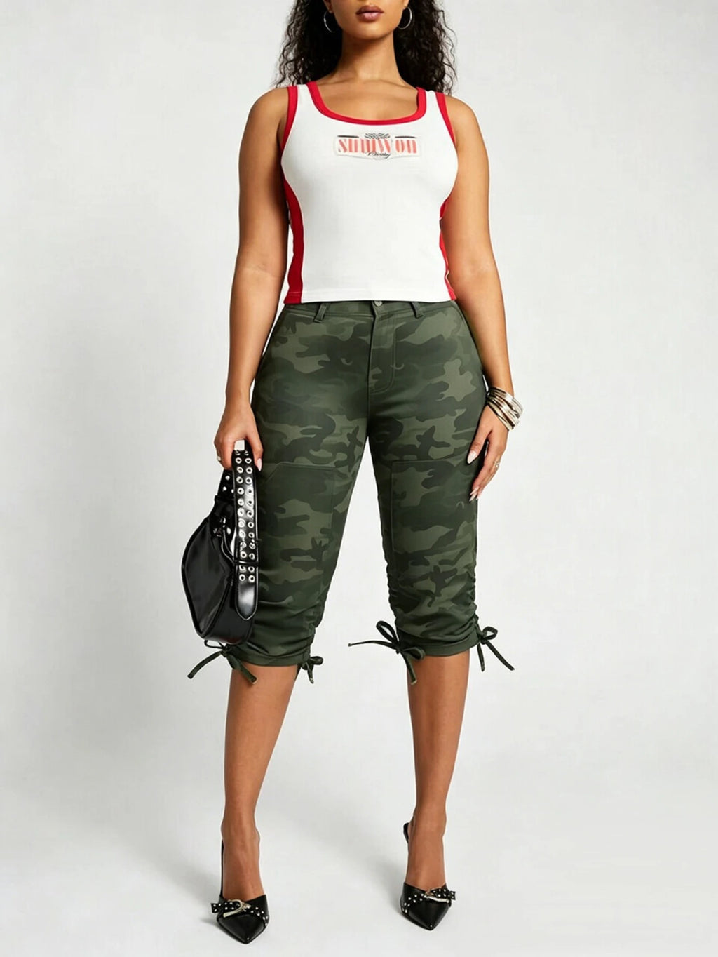 Women's High Waist Camo Printed Pants With Drawstring.