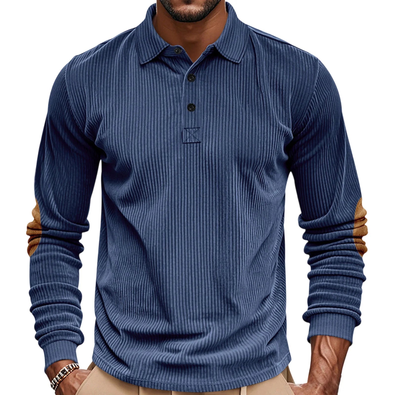 Men's casual long sleeve patchwork turn-down collar T-shirt by Your Outdoors n' More, featuring a stylish patchwork design and turn-down collar.
