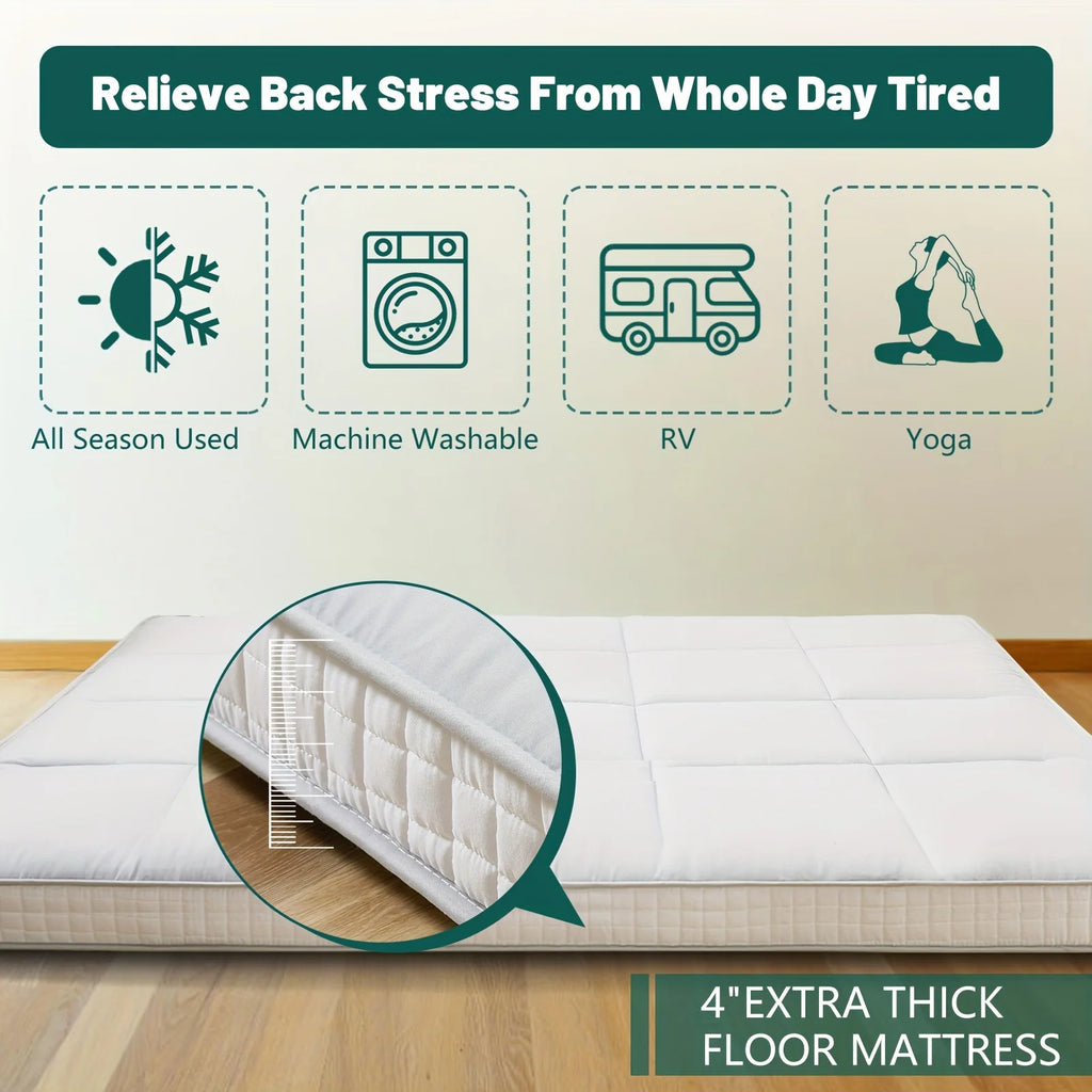 Japanese-style 4-inch extra thick memory foam floor mattress from Your Outdoors n' More, showcasing soft, plush surface and supportive design.