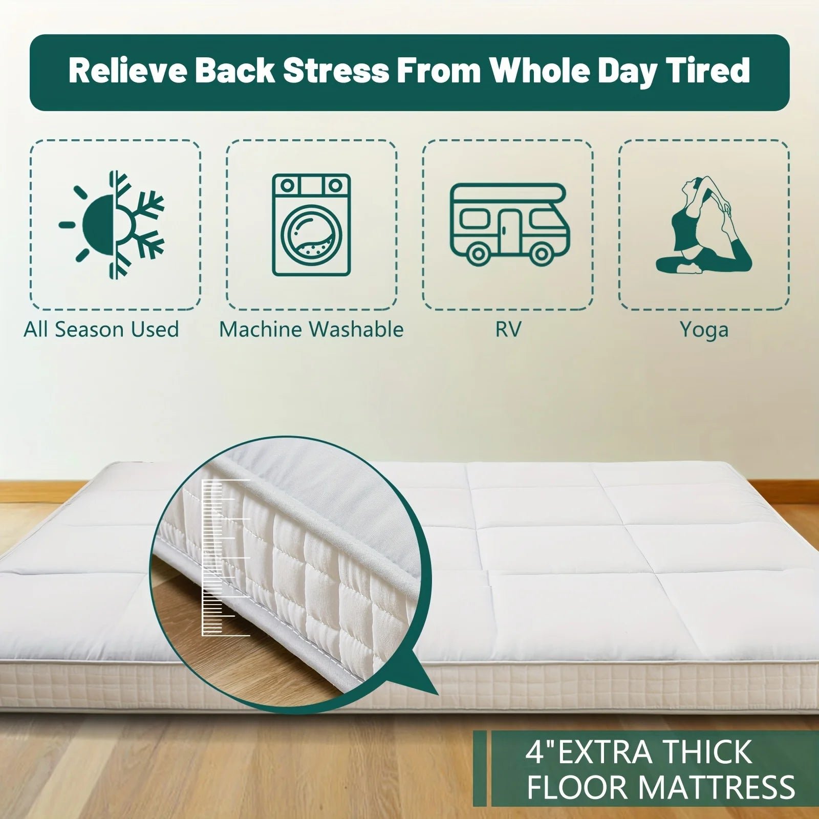 Japanese-style 4-inch extra thick memory foam floor mattress from Your Outdoors n' More, showcasing soft, plush surface and supportive design.