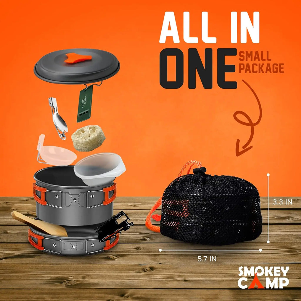 Camping cookware mess kit set with stove from Your Outdoors n' More, including pots, pans, utensils, and compact stove for outdoor cooking.