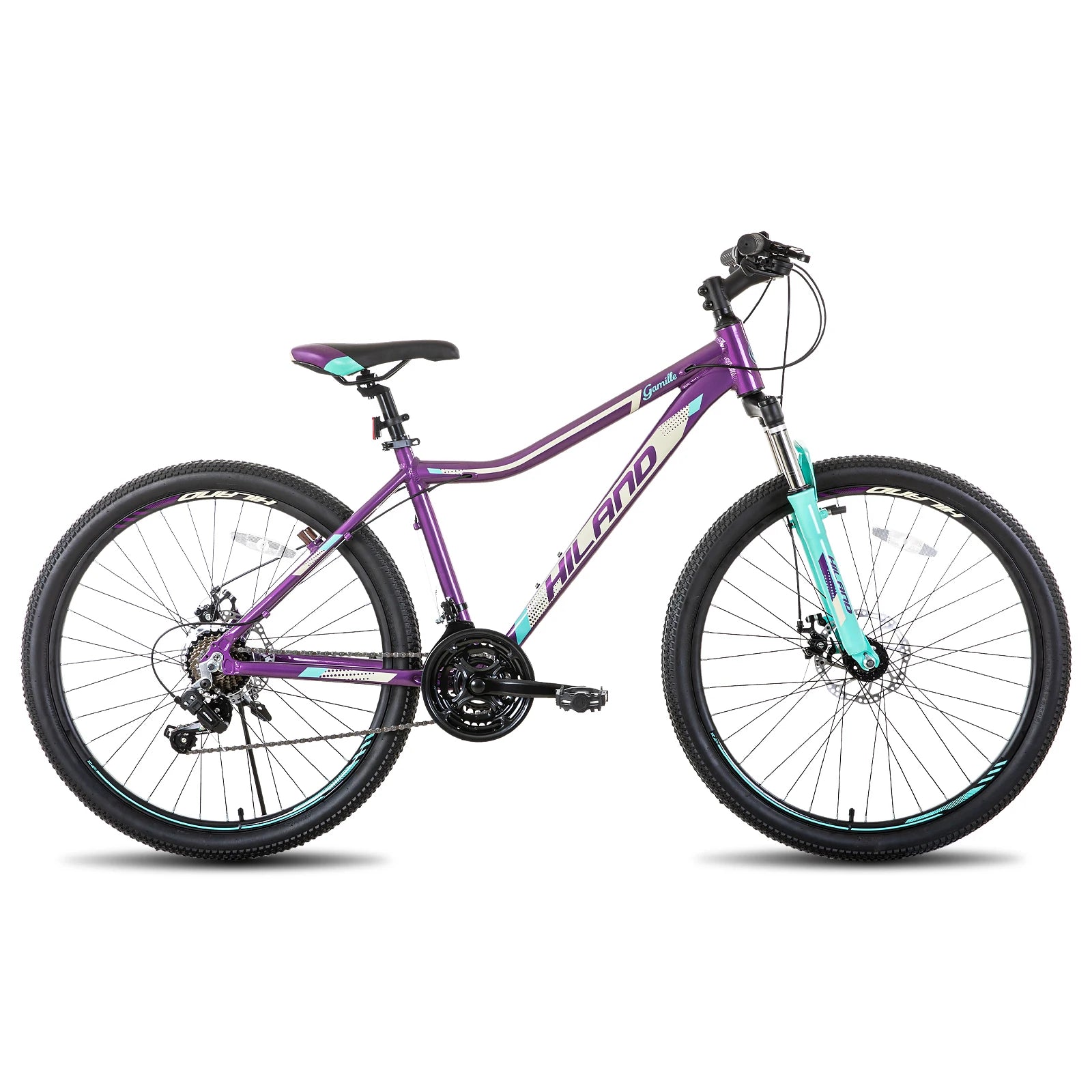 Hiland 20, 26, 27-inch women's mountain bike with 21-speed gear system and lock-out suspension fork, outdoors-ready design