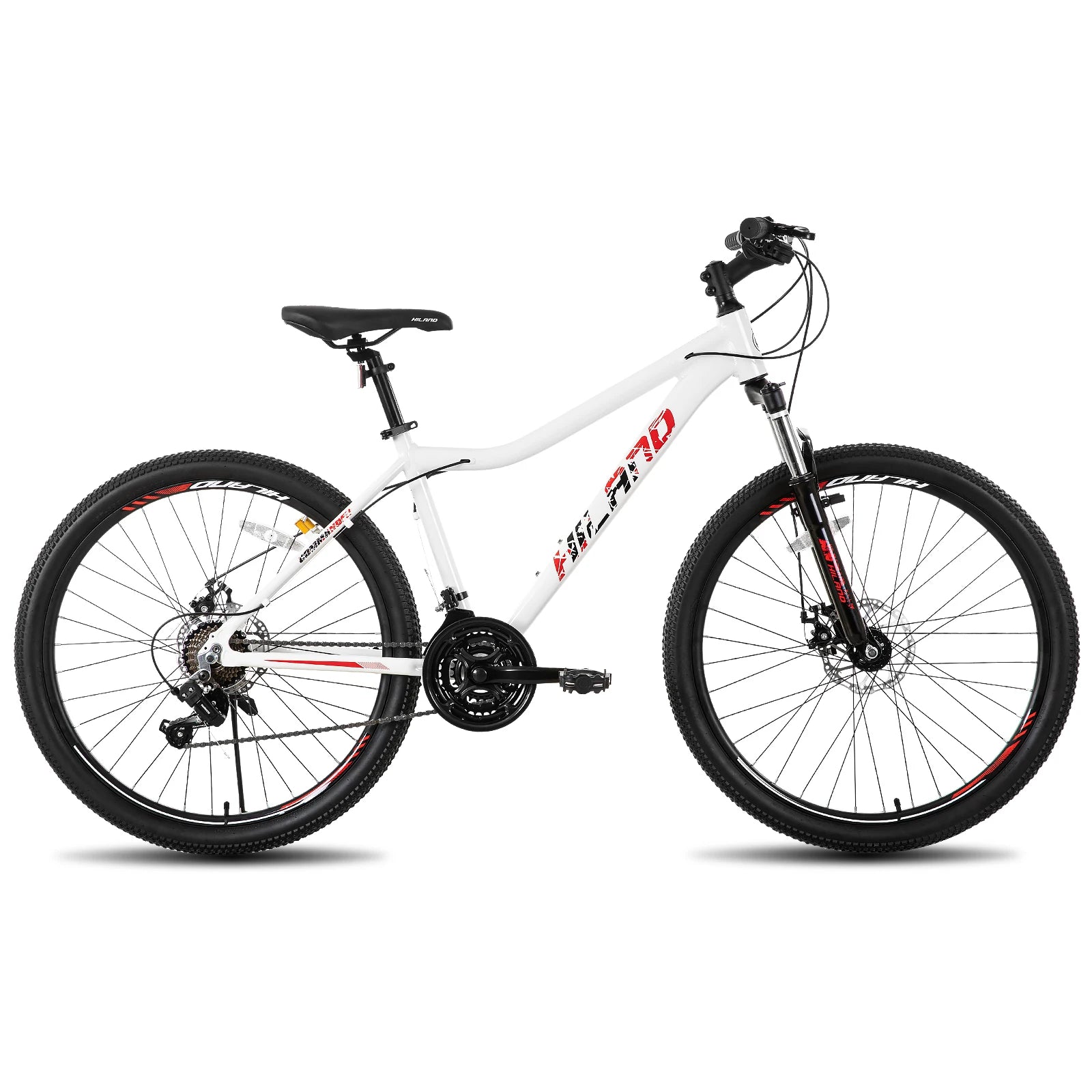 Hiland 20, 26, 27-inch women's mountain bike with 21-speed gears and lock-out suspension fork, outdoors riding on trail