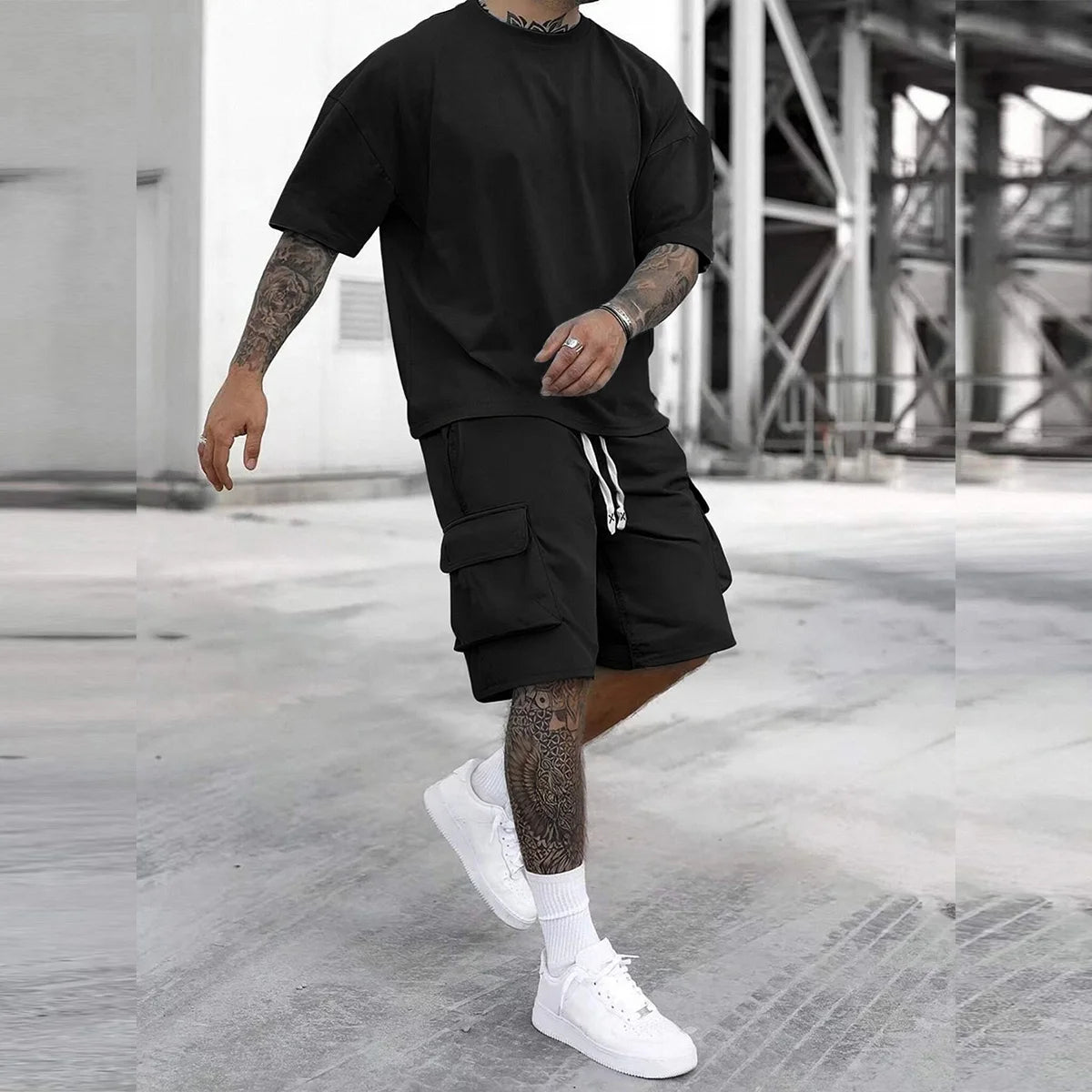 2-Pack Men's Multi-Pocket Cargo Pants and Short Sleeve T-Shirt Set.