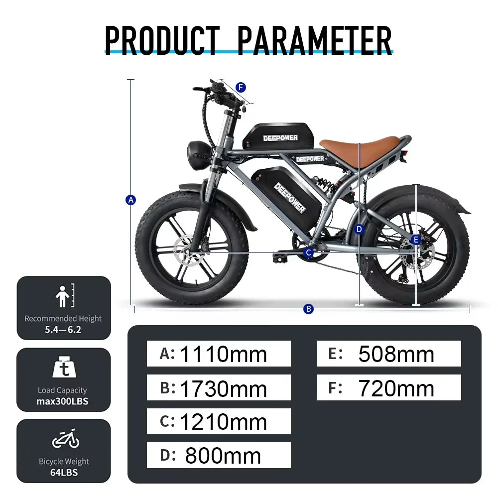 DEEPower QS7 electric bike with 20-inch fat tires, dual batteries, 1500W motor, off-road design, ideal for all-terrain riding