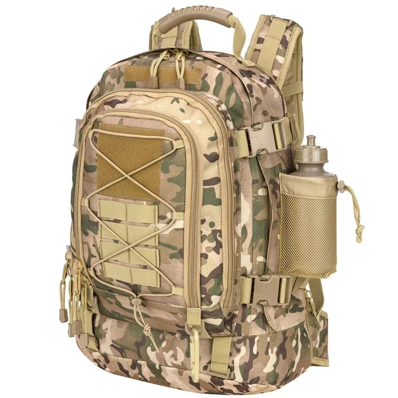 Military tactical backpack in 60L with multiple compartments and durable design, suitable for outdoor adventures and tactical use.