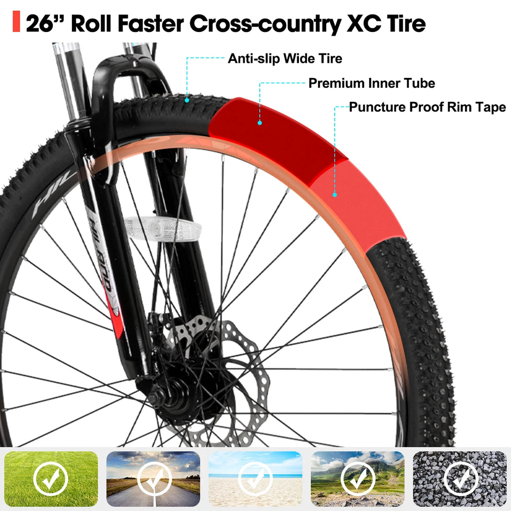 Mountain bike with Shimano 21-speed drivetrain, featuring a lightweight frame and knobby tires for off-road cycling.