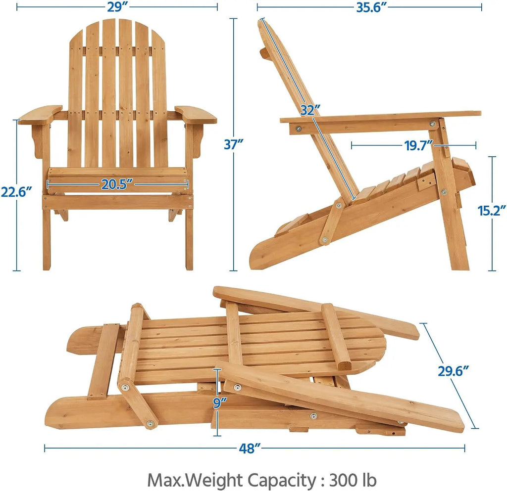 Outdoor Solid Wood Foldable Adirondack Lounge Chair Set.