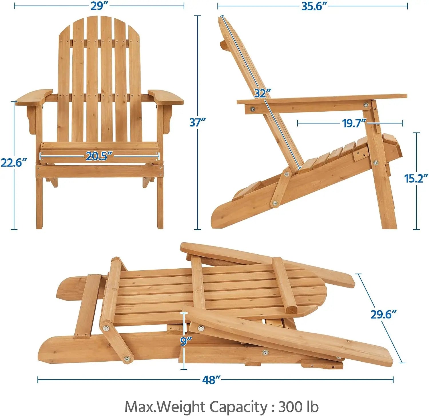 Outdoor Solid Wood Foldable Adirondack Lounge Chair Set.