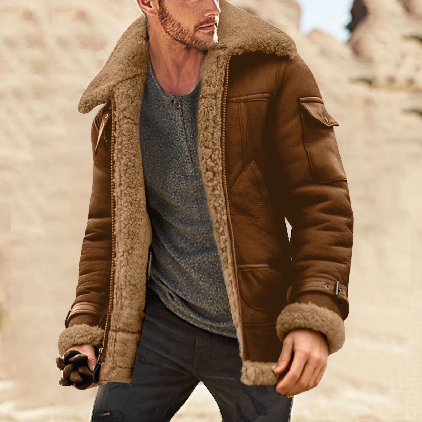 Men's plus size winter leather jacket by Your Outdoors n' More, fleece-lined, padded windbreaker with long sleeves and vintage style.