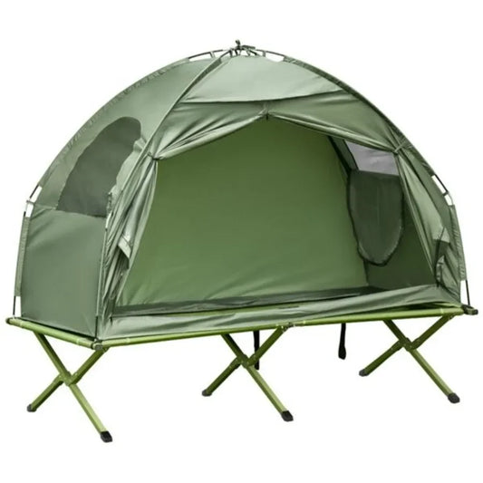 2-in-1 camping set includes a camping tent and an elevated cot.