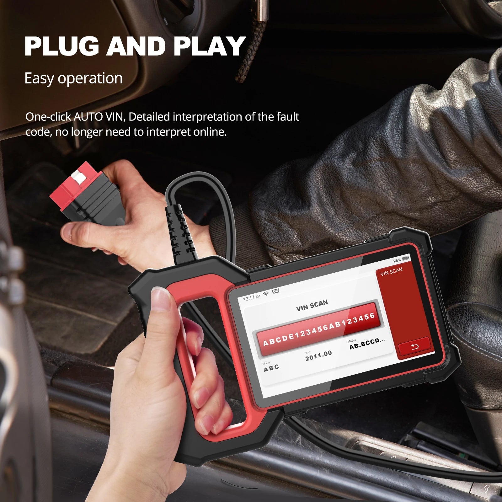 Thinkscan Plus S5 OBD2 scanner by THINKCAR showing a handheld car diagnostic device with a display screen and connection ports.