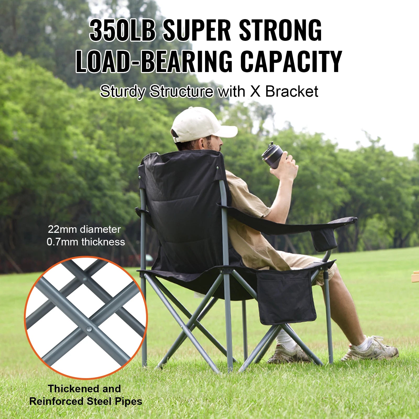 Outdoor camping chair supporting up to 350lbs, durable frame with armrests, black fabric seat, and portable design for outdoor use.