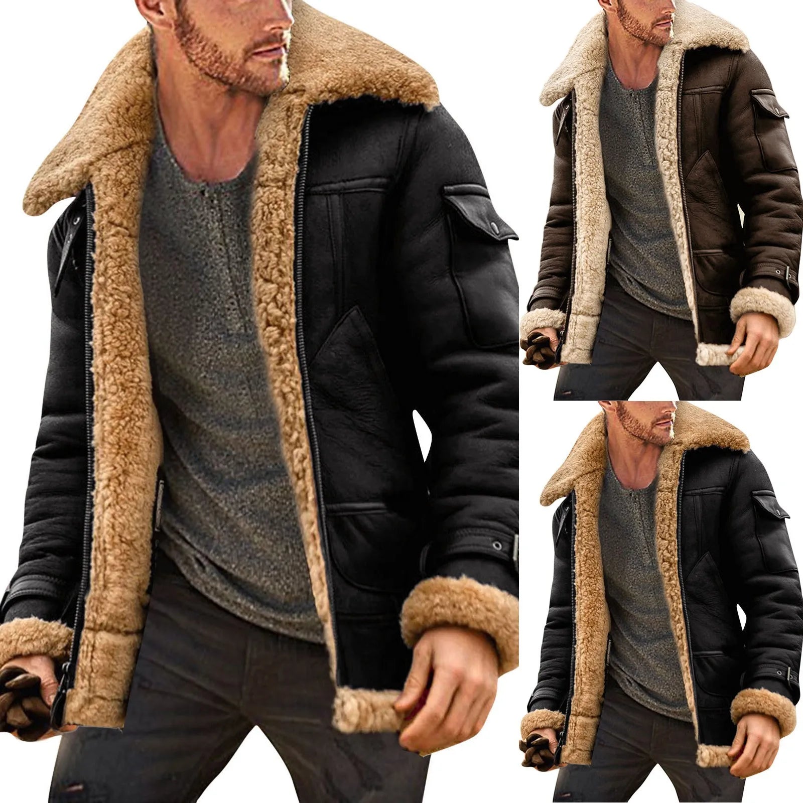 Men Plus Size Winter Scrub Leather Jackets Long Sleeve Fleece Lined Leather Jacket Vintage Thicken Padded Windbreaker Outwears