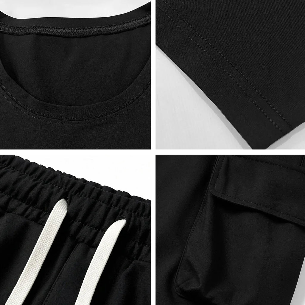 2-Pack Men's Multi-Pocket Cargo Pants and Short Sleeve T-Shirt Set.
