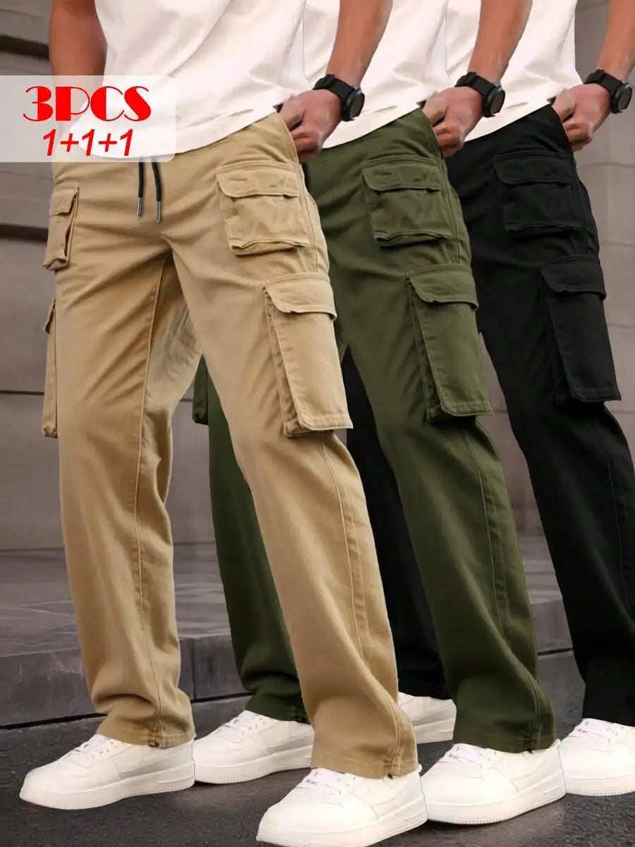 Three pairs of men's cargo pants in neutral colors from Your Outdoors n' More, showcasing durable fabric and multiple pockets.