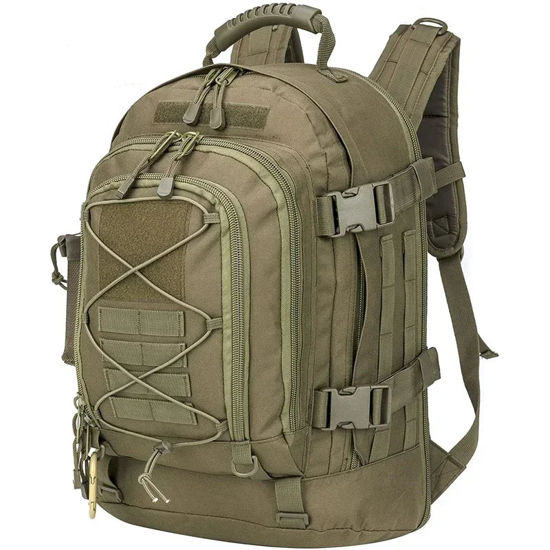 Military tactical backpack with 60L capacity, durable fabric, multiple compartments, and adjustable straps for outdoor adventures.