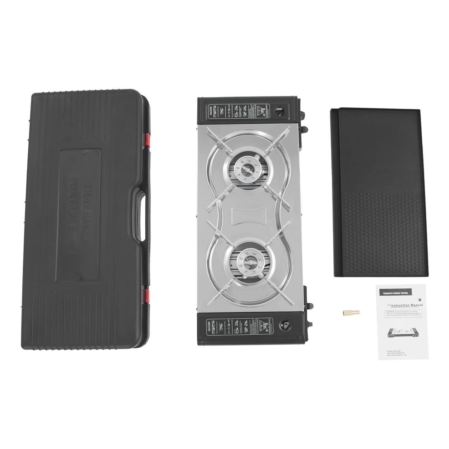 2-Burner Family Camping Gas Stove with Grill Pan.