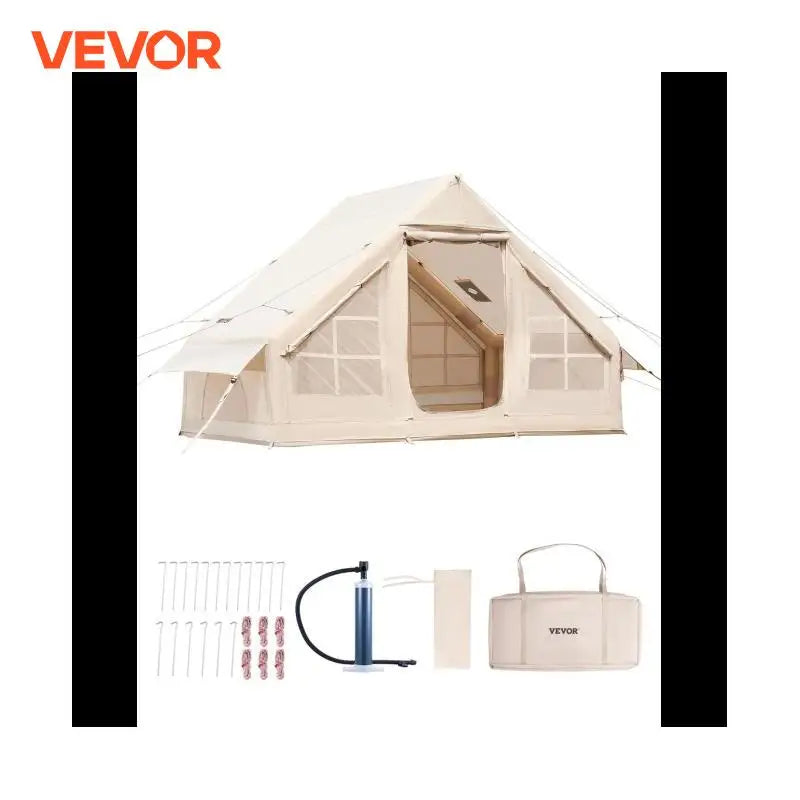 Inflatable camping tent from Your Outdoors n' More set up outdoors with open door and bright interior, ideal for outdoor adventures.
