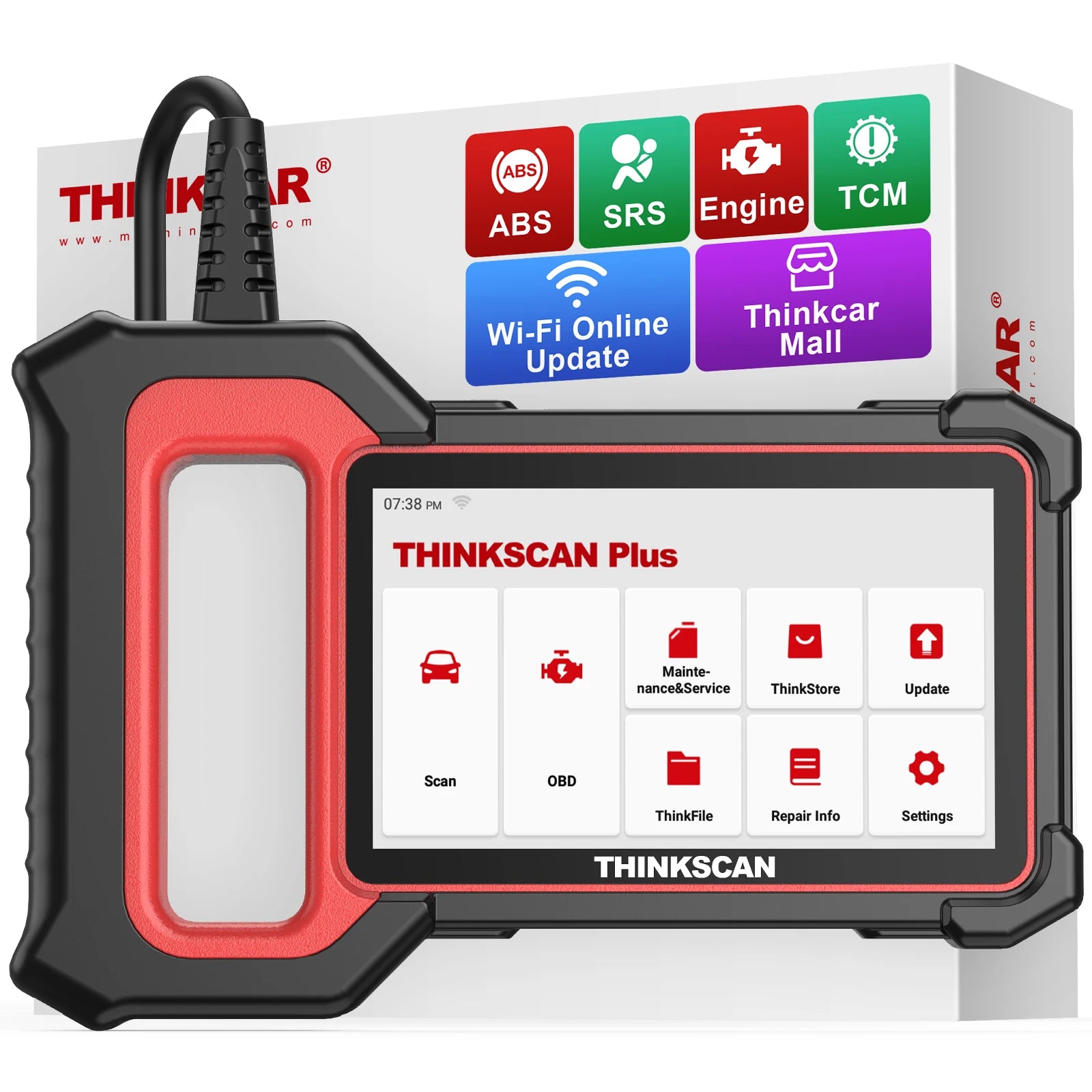Thinkcar Thinkscan Plus S5 OBD2 scanner showing diagnostic screen and connection ports for vehicle code reading and diagnostics.