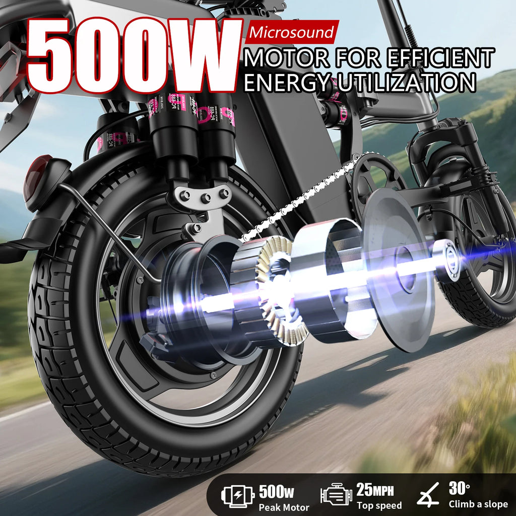 Electric bike with 14-inch wheels and 500W motor by Your Outdoors n' More, shown with sleek frame and handlebars.