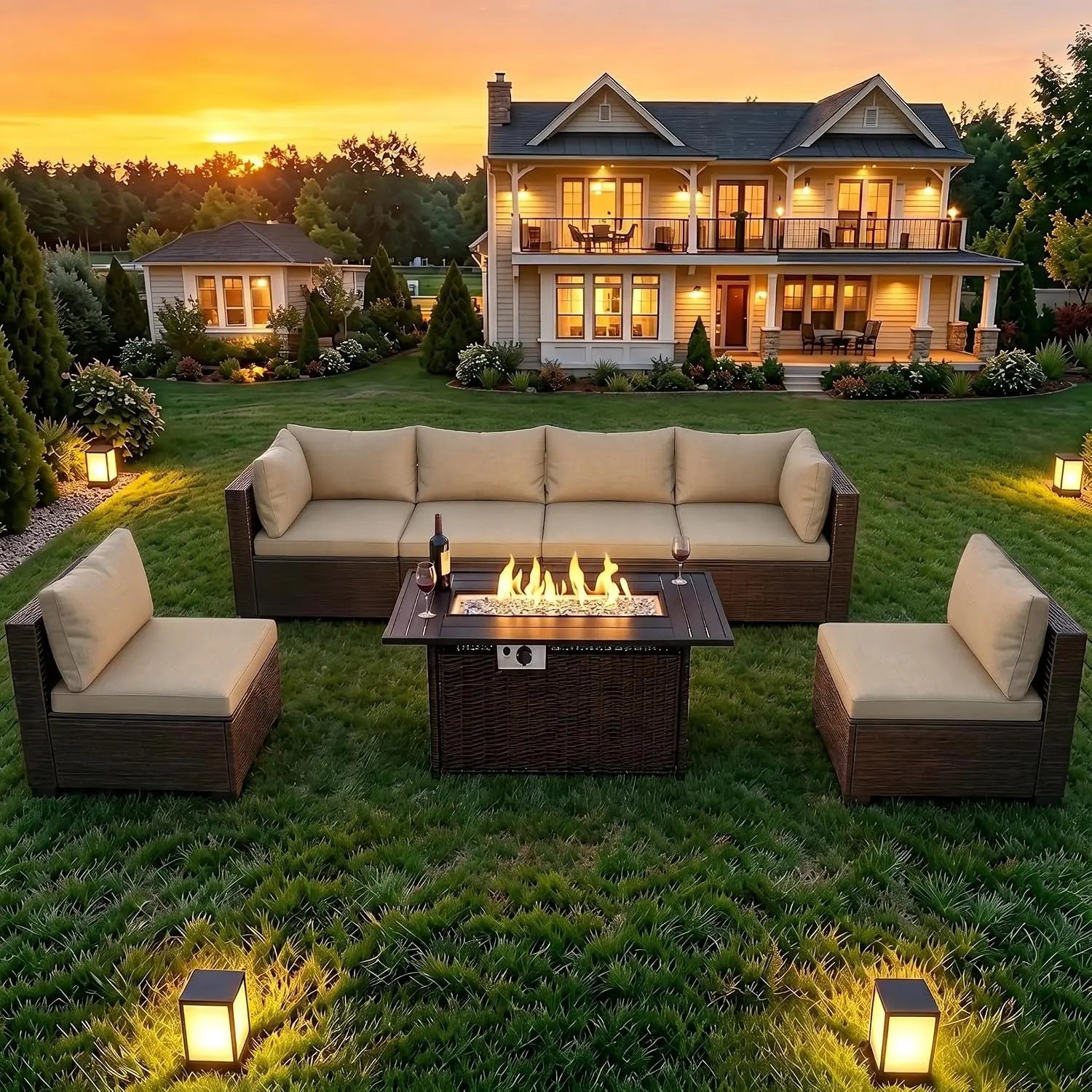 8-Piece Wicker Patio Conversation Set with 44" Propane Fire Pit Table.