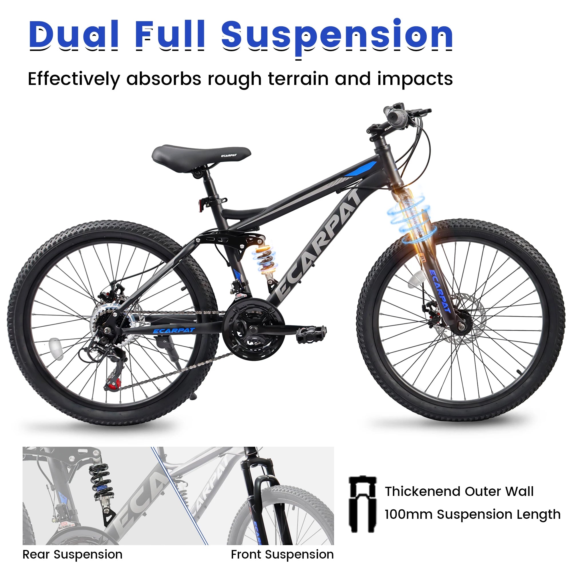 Ecarpat dual full suspension mountain bike with 24/26/27.5 inch wheels, 21-speed gears, disc brakes, suitable for men, women, teens, and kids.