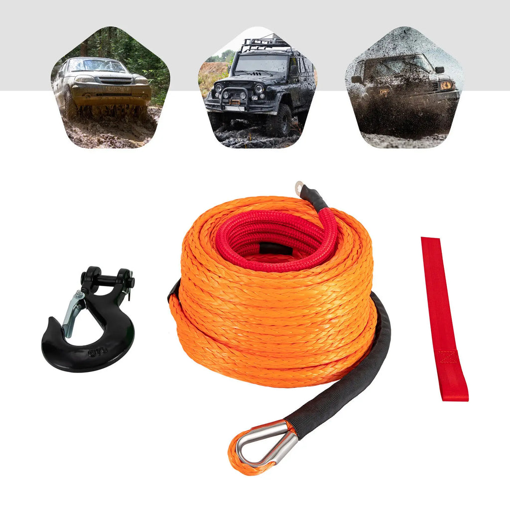 Synthetic 3/8 inch by 100-foot winch rope from Your Outdoors n' More, showing the durable, braided design for heavy-duty pulling.