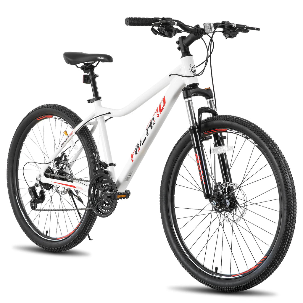 Hiland 20-27 inch women's mountain bike with 21-speed gears and lock-out suspension fork, featuring a sturdy frame and off-road tires.