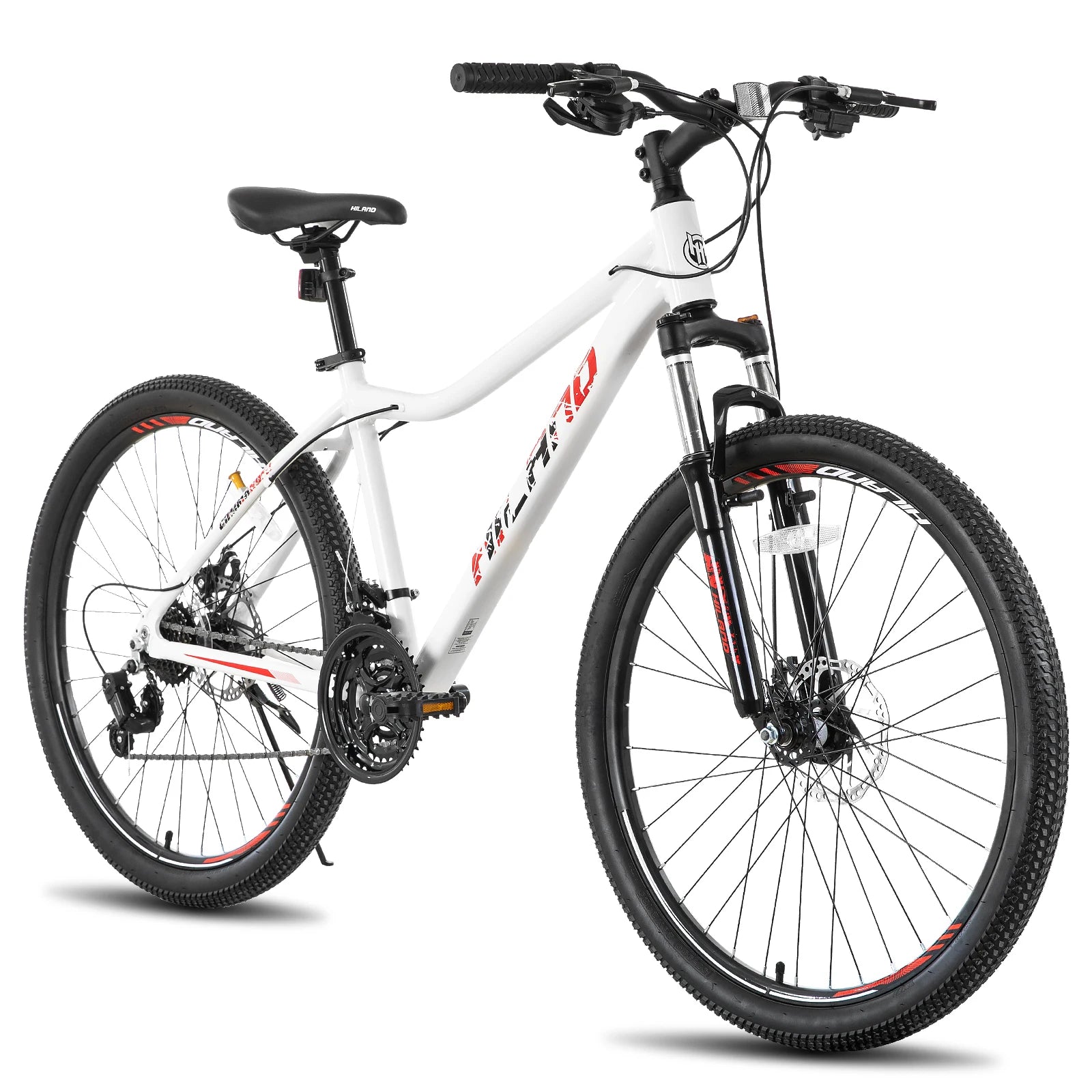 Hiland 20-27 inch women's mountain bike with 21-speed gears and lock-out suspension fork, featuring a sturdy frame and off-road tires.