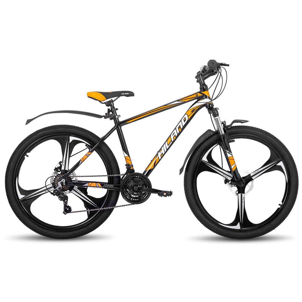 Mountain bike with Shimano 21-speed drivetrain and rugged frame, perfect for outdoor cycling adventures.