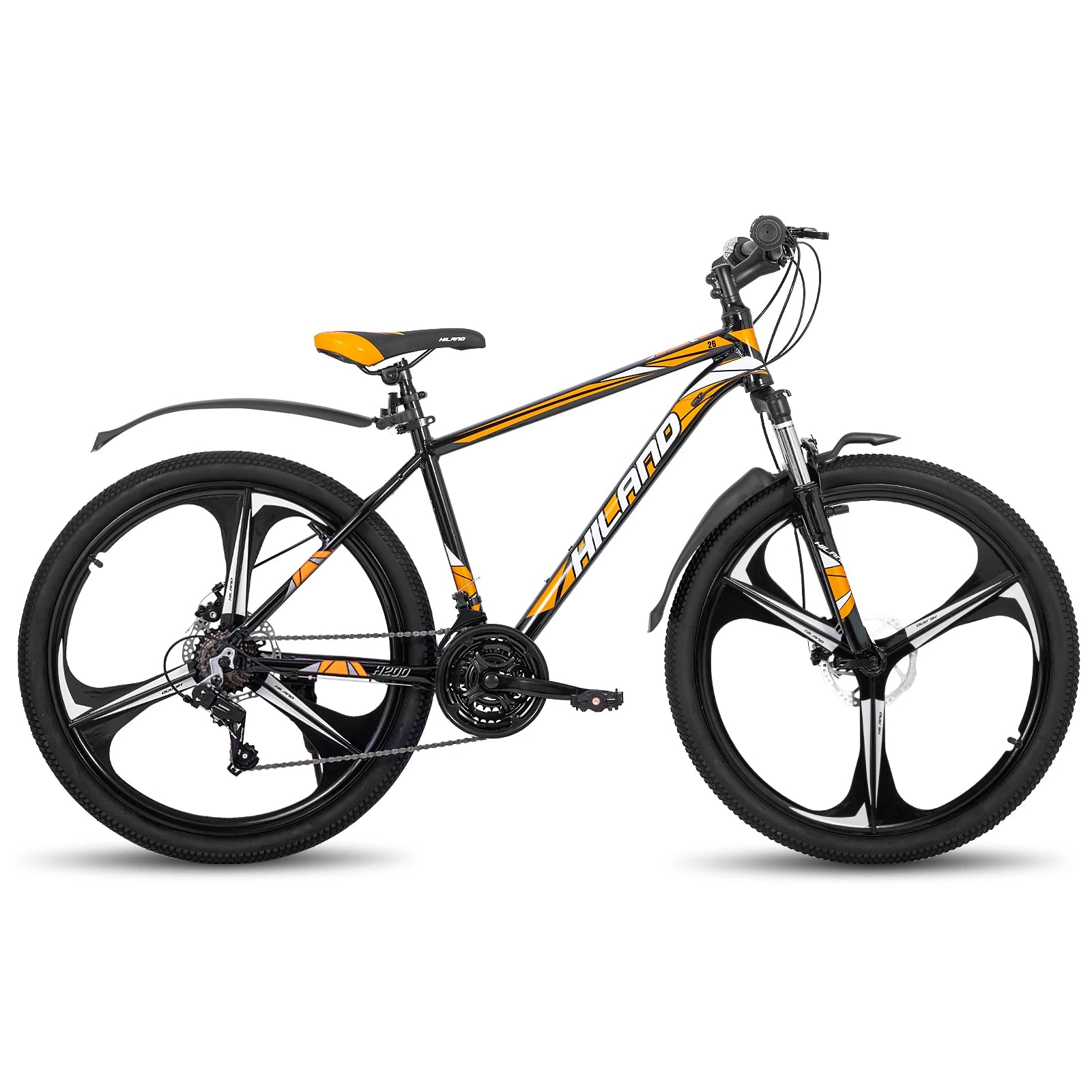 Mountain bike with Shimano 21-speed drivetrain and rugged frame, perfect for outdoor cycling adventures.