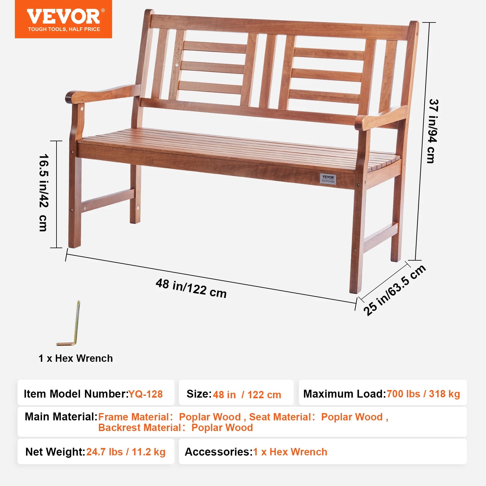 Wooden and metal garden bench for outdoor seating, featuring a sturdy frame and slatted wooden seat for outdoor relaxation.