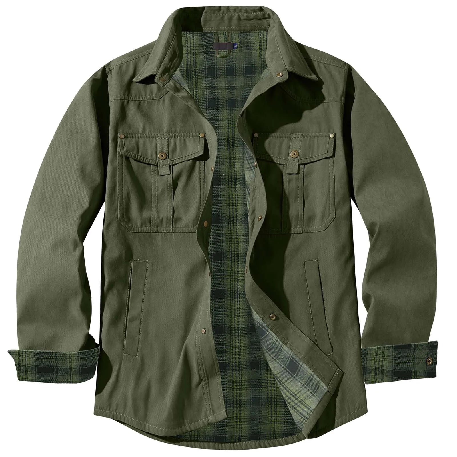 Men's plus size plaid flannel casual jacket with lapel collar from Your Outdoors n' More, featuring a classic checkered pattern.