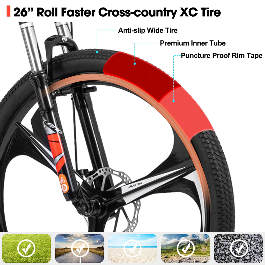 Mountain bike with Shimano 21-speed drivetrain and rugged frame, suitable for off-road cycling and outdoor adventures.