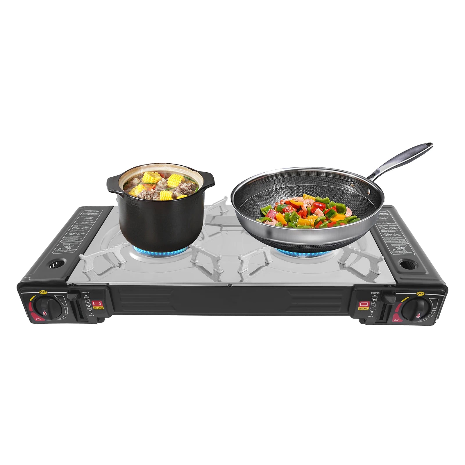 Two-burner camping gas stove with grill pan from Your Outdoors n' More, ideal for family outdoor cooking and camping trips.